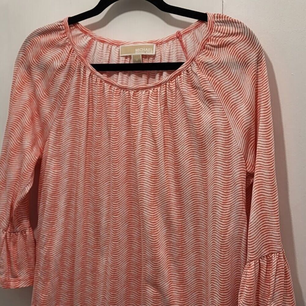 Michael Kors Womens Peach & White 3/4‎ Sleeve Striped Blouse Shirt Size Medium - Picture 2 of 7